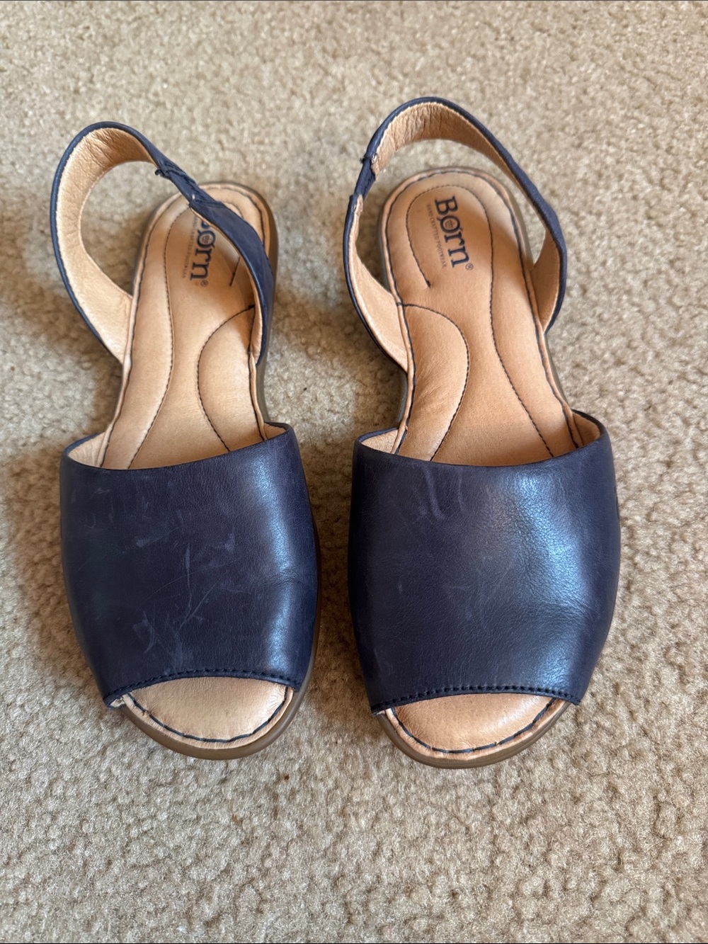 Navy Leather Peep-Toe Slingback Sandals